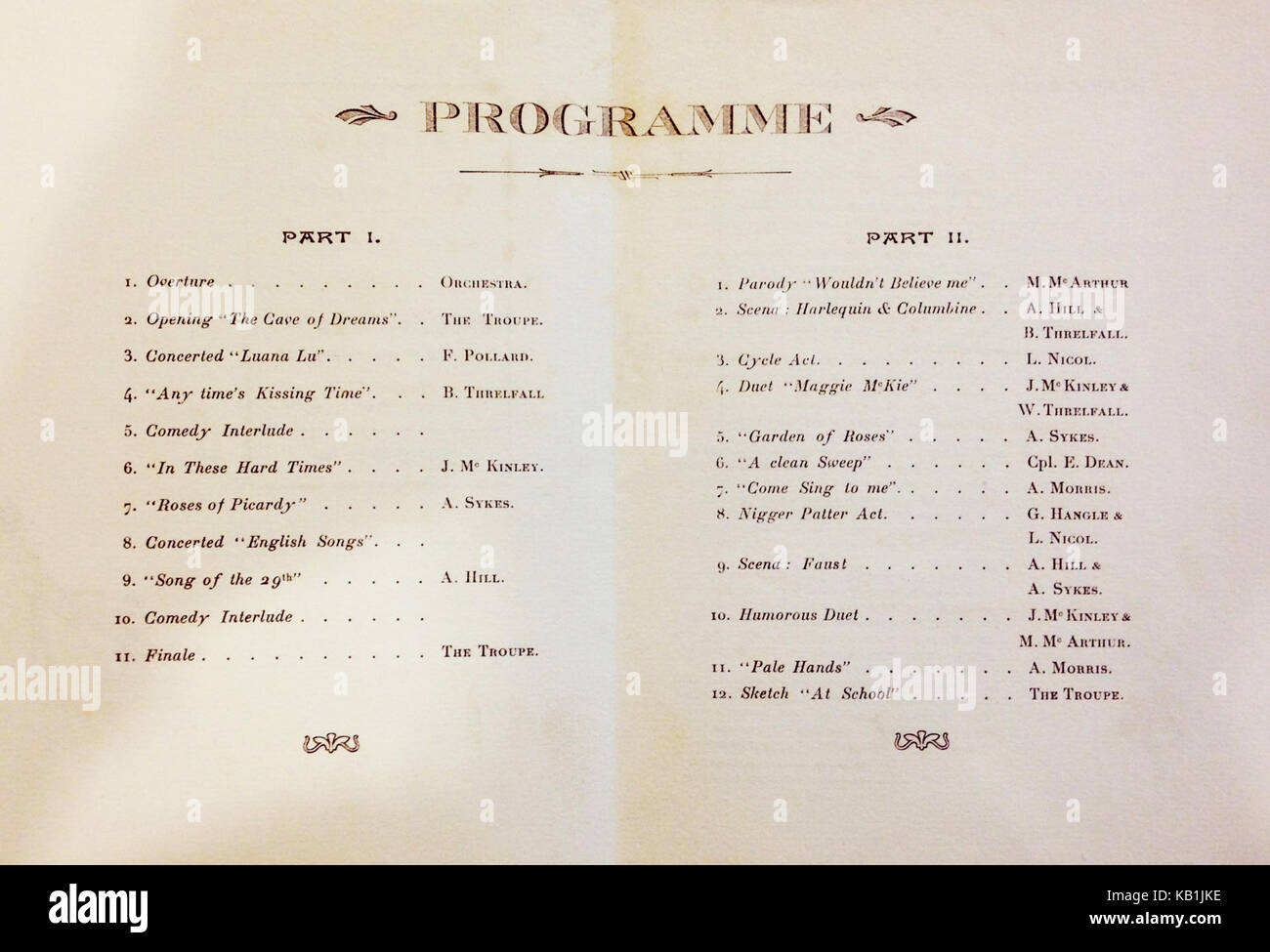 The Programme of a Performance given at the New Theatre Saint Omer by the Diamond Troupe of the 29th Division on June 8, 1918 Stock Photo