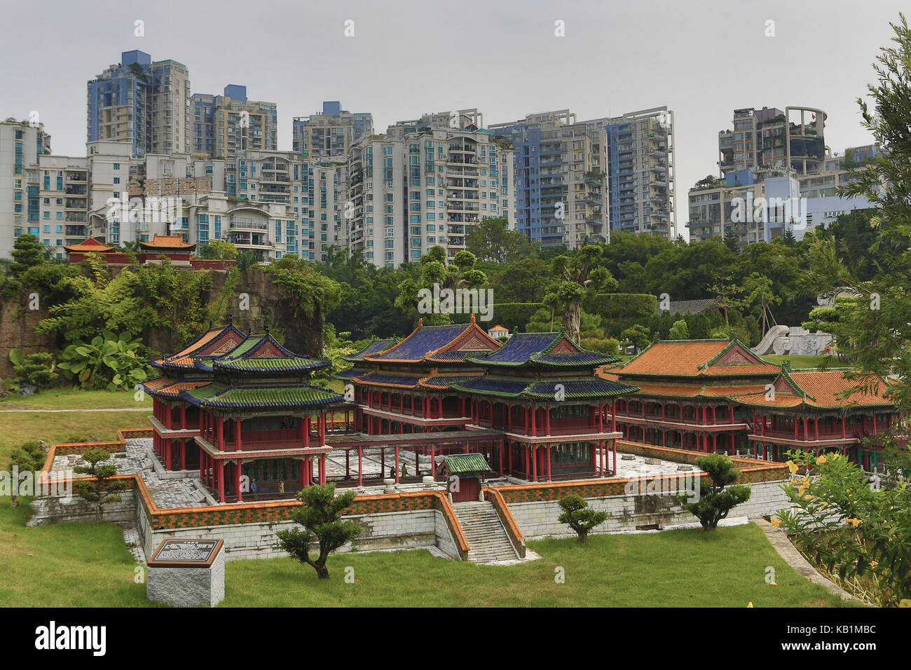 Temple with skyline in the background, Splendid China park, Shenzhin, Stock Photo
