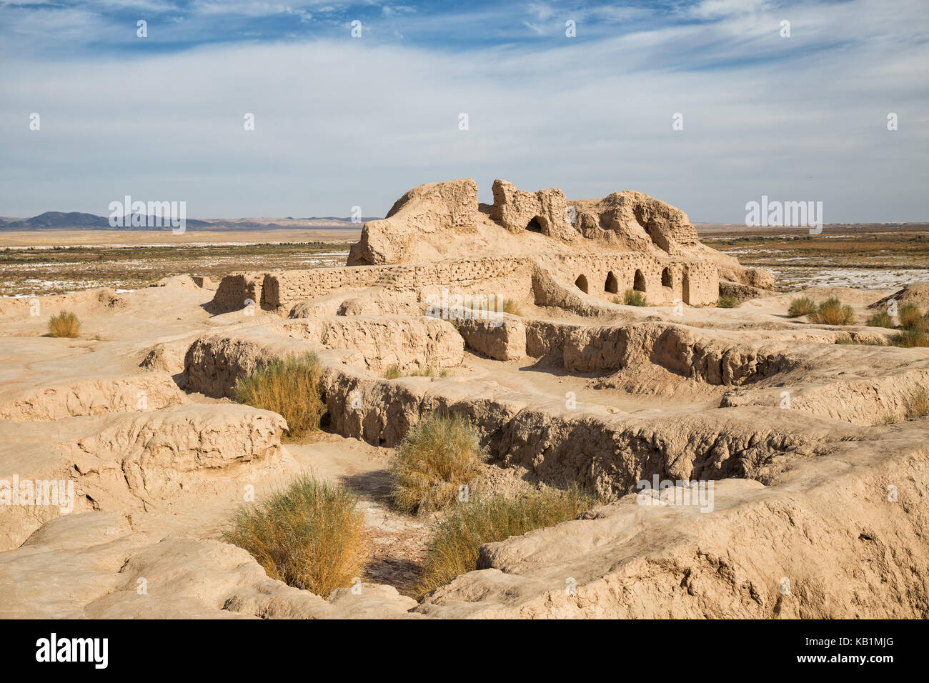 Ruins of the Fortress Toprak-Kala of Ancient Khorezm in Kyzylkum desert. Uzbekistan Stock Photo