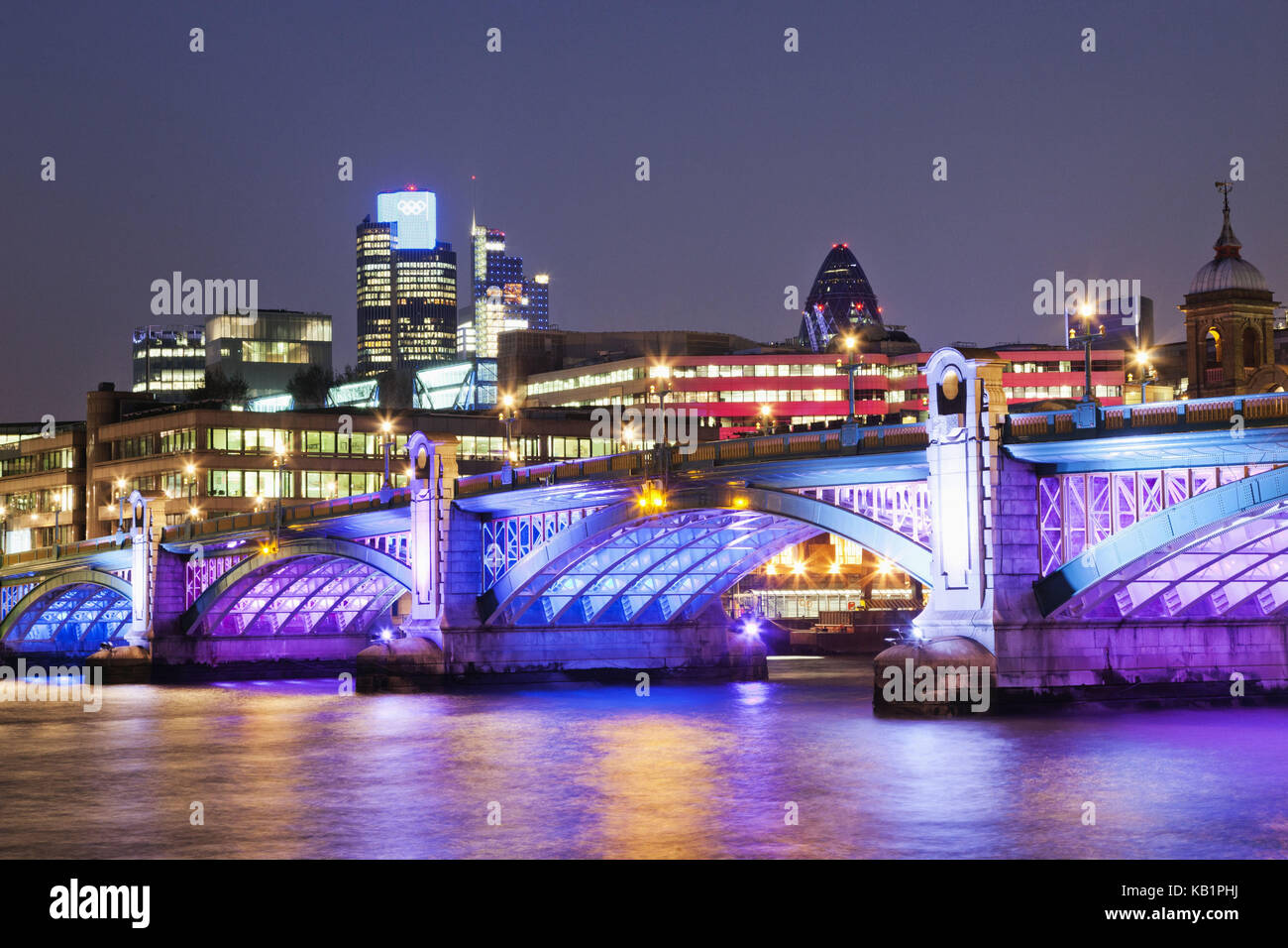 England, London, Southwark Bridge, illuminated, the Thames, townscape, by night, Stock Photo