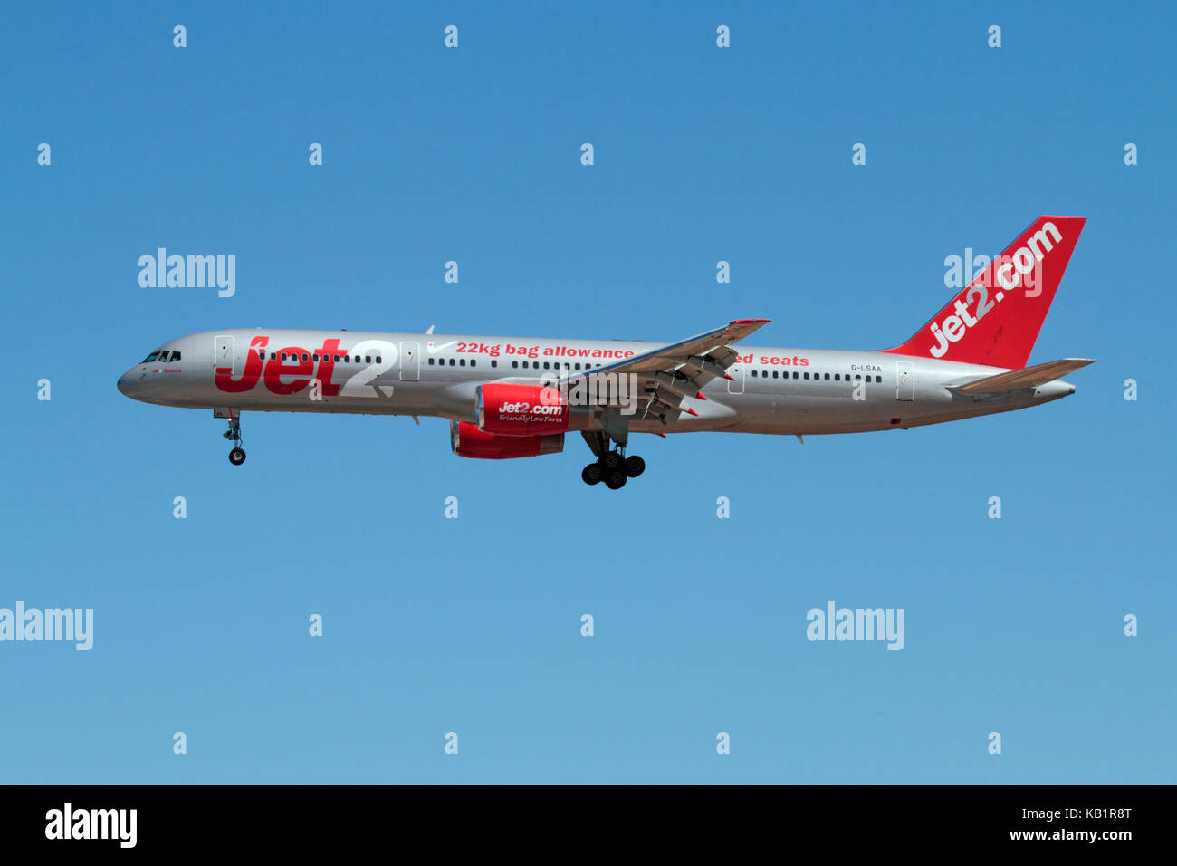 Low cost air travel and mass tourism. Boeing 757-200 passenger jet belonging to British budget airline Jet2 on approach to Malta Stock Photo