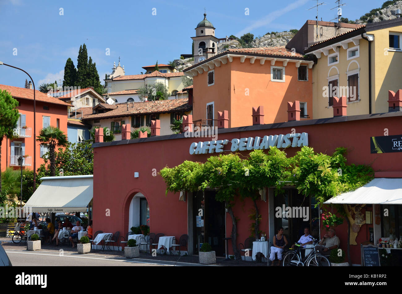 Italy, Trentino, Gardasee, Nago-Torbole, sea promenade, cafe, Stock Photo