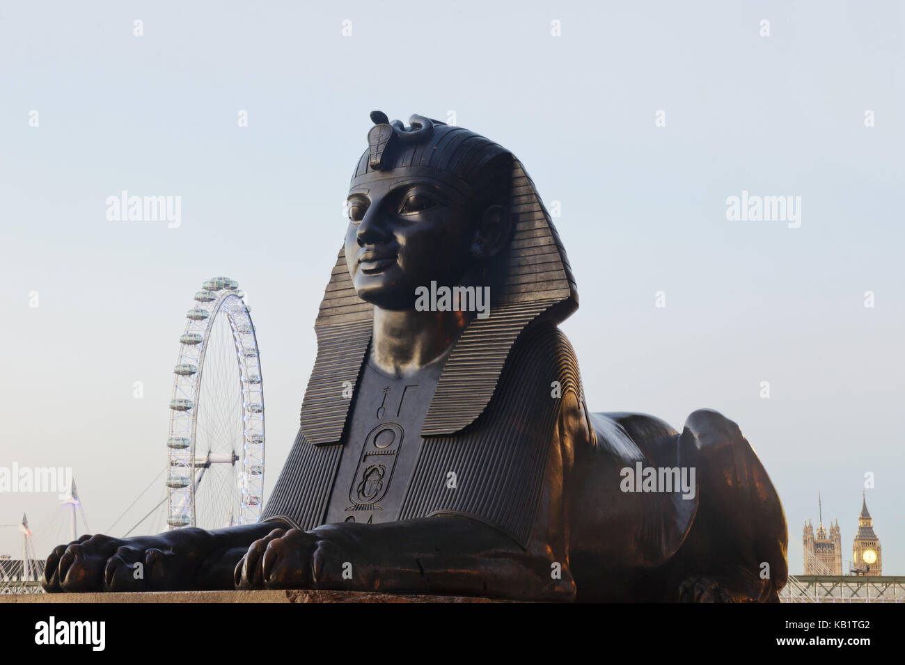 England, London, Victoria rampart, sphinx statue and London Eye, Stock Photo