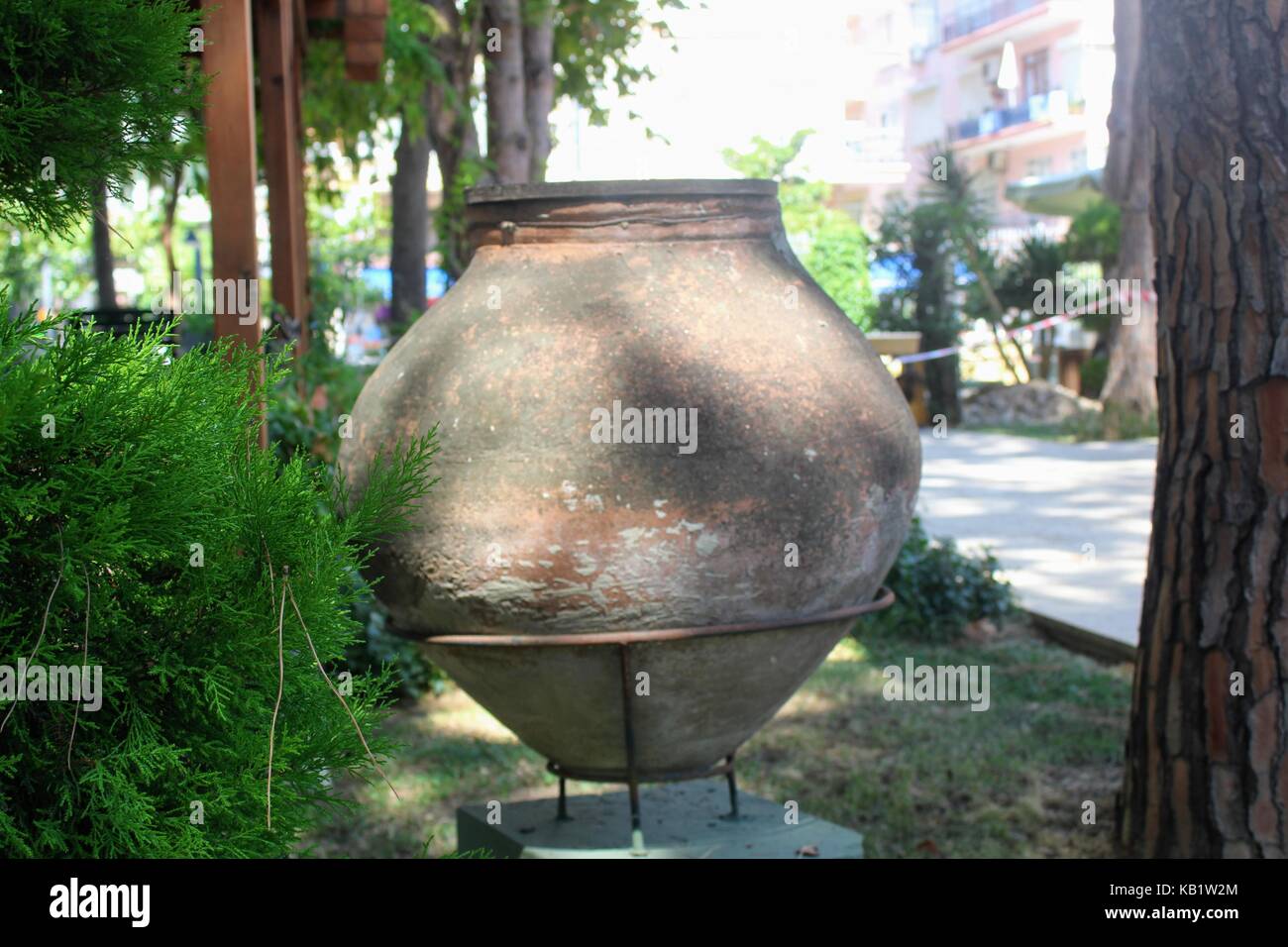Antique pots and amphoras - an exhibition in the courtyard of the Alanya Archaeological Museum (Turkey). Stock Photo