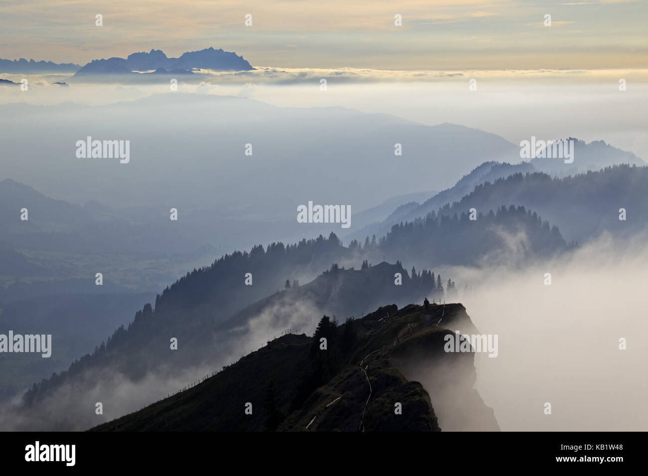 Germany, Bavaria, Allgäu, upper Allgäu, Allgäu alps, crest, Nagelfluhkette (mountain range), hiker, Säntis, Appenzell, Switzerland, Stock Photo