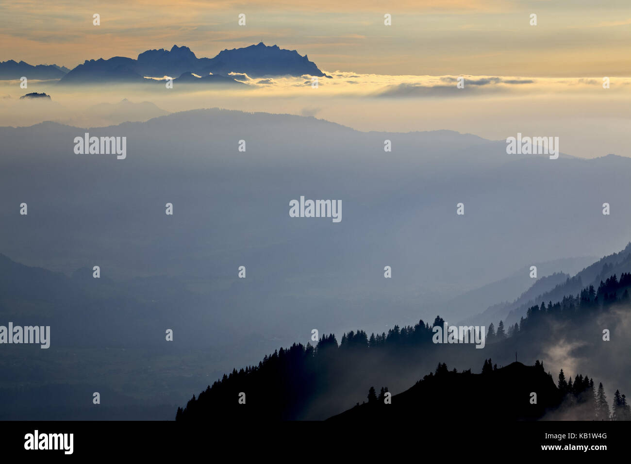 Germany, Bavaria, Allgäu, upper Allgäu, Allgäu alps, crest, Nagelfluhkette (mountain range), Säntis, Appenzell, Switzerland, Stock Photo