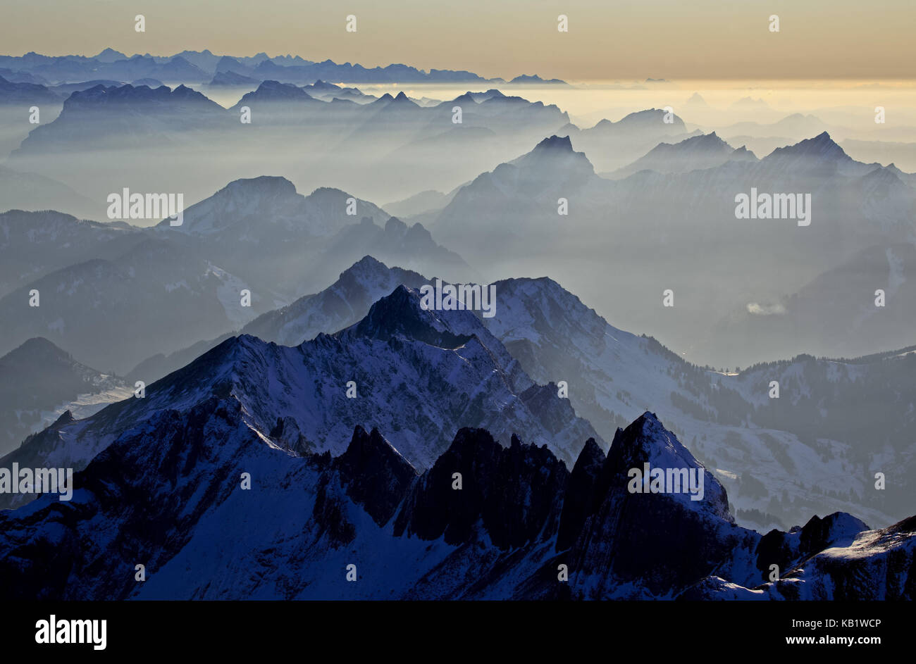 Switzerland, Appenzell, Appenzeller country, alp stone massif, Säntis, view into the direction of west, dark maple, big Schreckhorn, virgin, monk, Eiger, Uri floor, matt floor, big myths, small myths, spear, Stock Photo