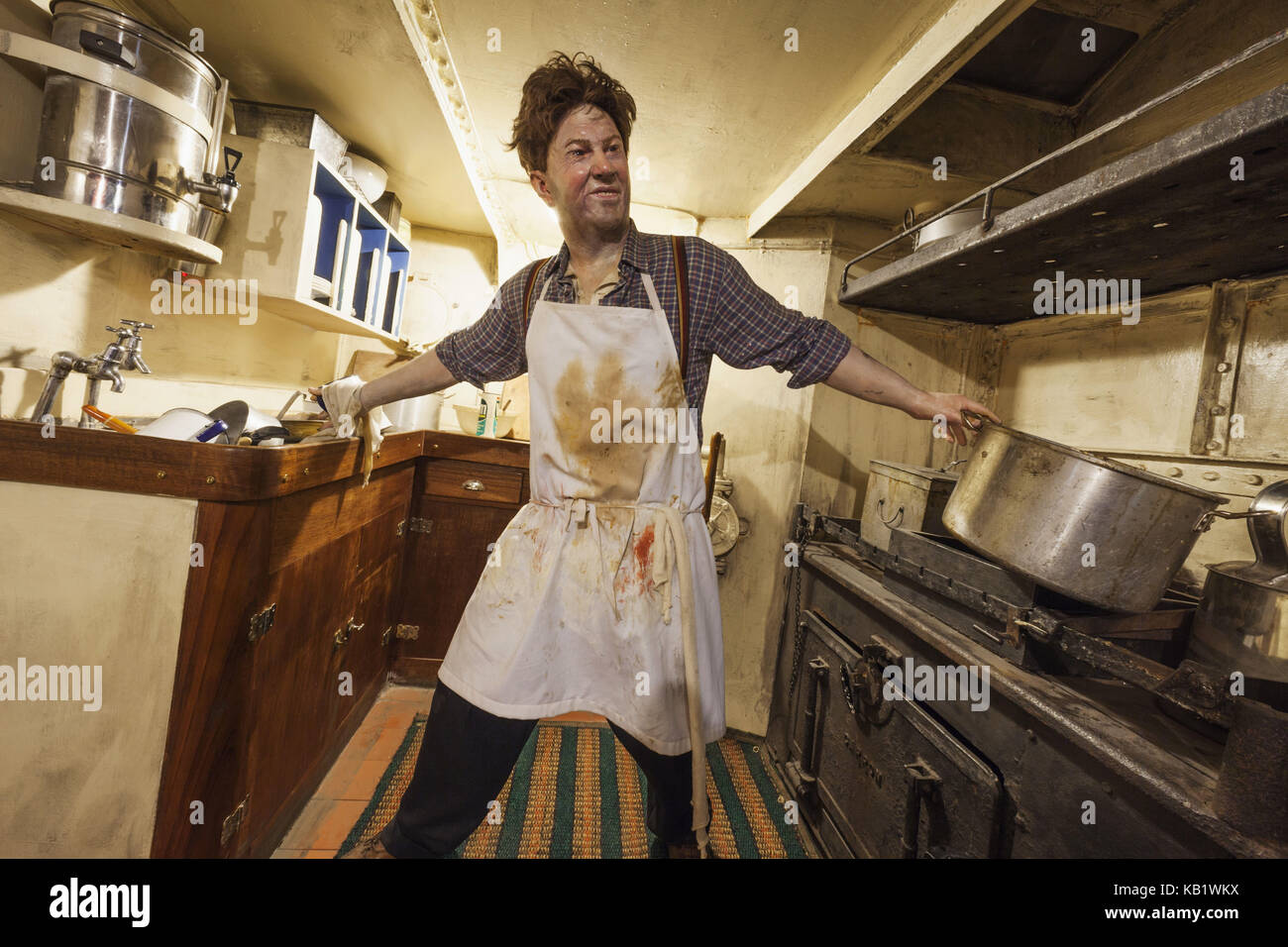 England, Lincolnshire, Grimbsy, national Fishing Heritage Centre museum, exhibit, fishing boat, galley, cook, Stock Photo