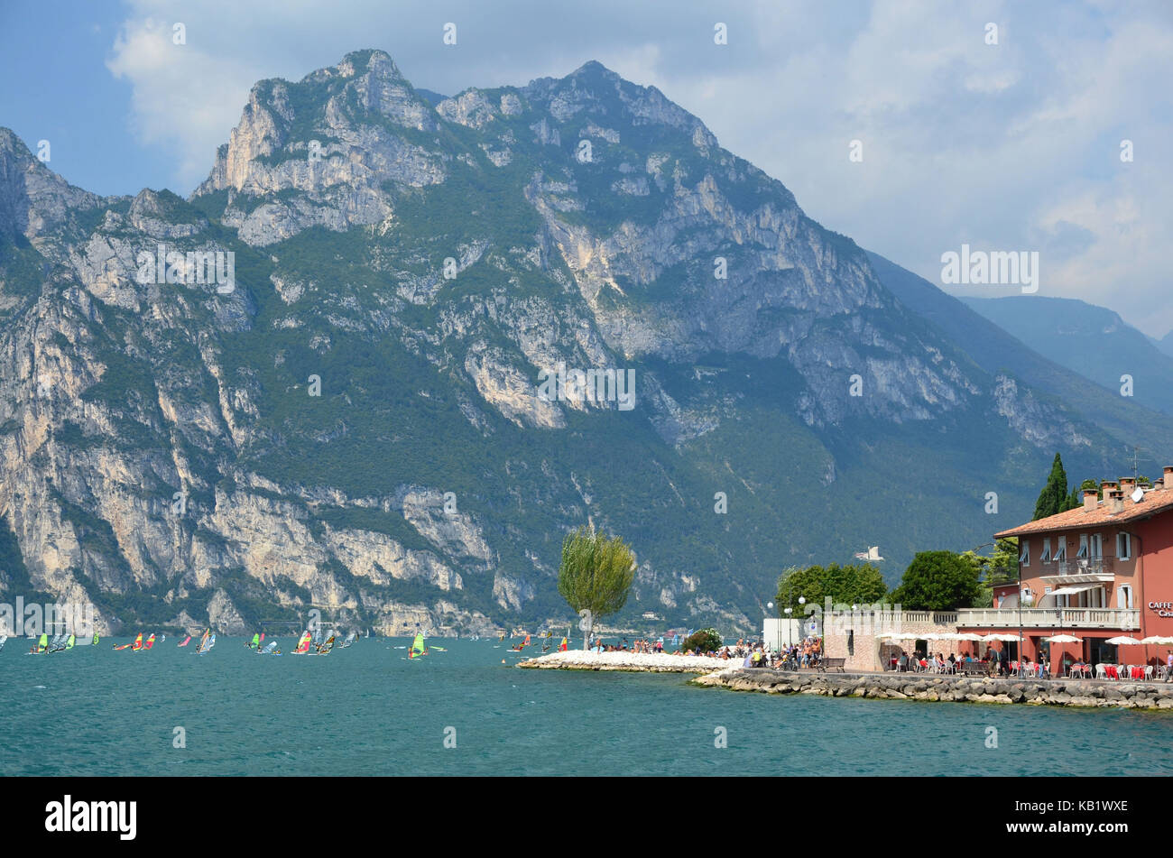 Italy, Trentino, Gardasee, Nago-Torbole, sea promenade, cafe, Stock Photo