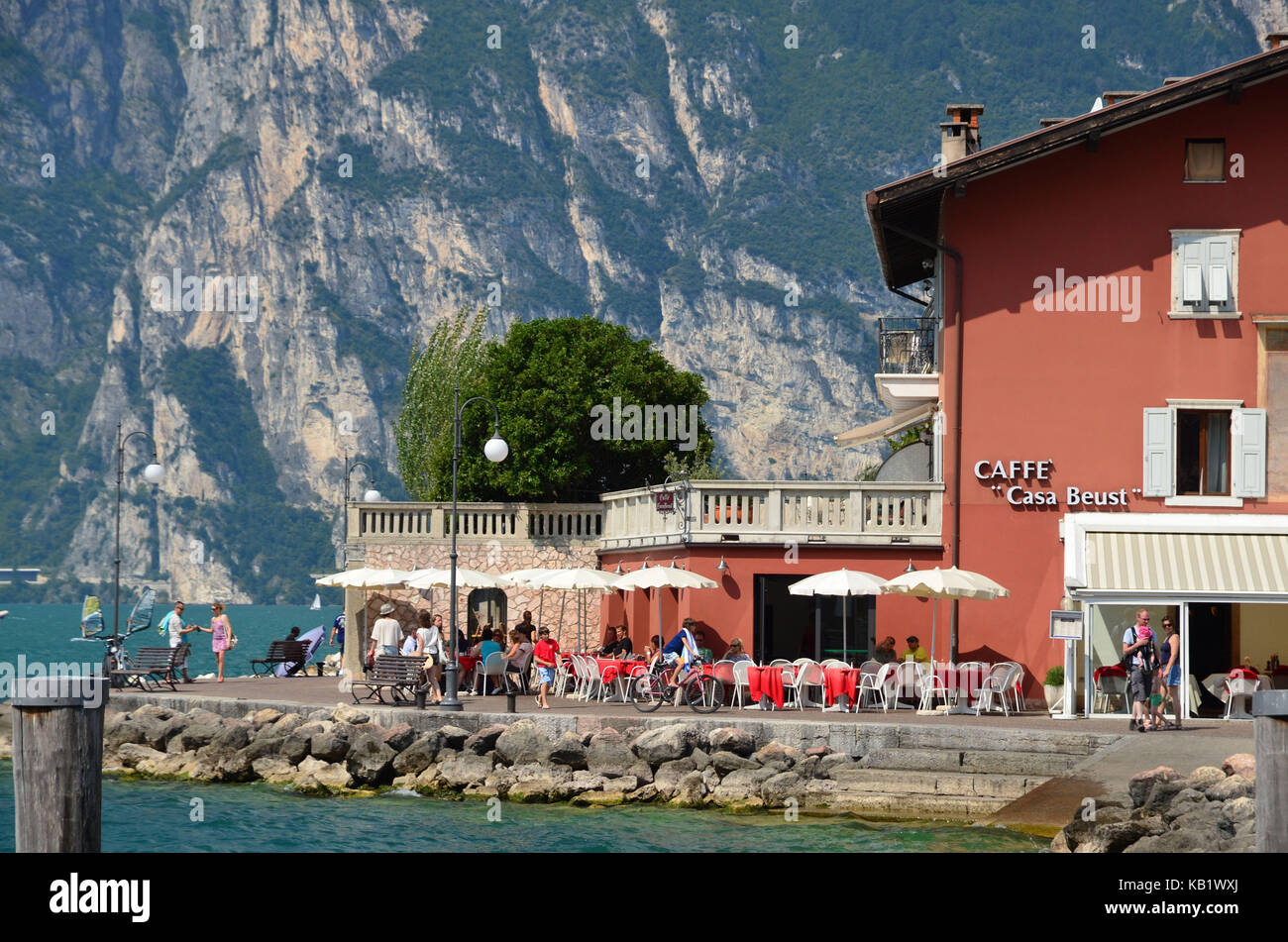 Italy, Trentino, Gardasee, Nago-Torbole, sea promenade, cafe, Stock Photo