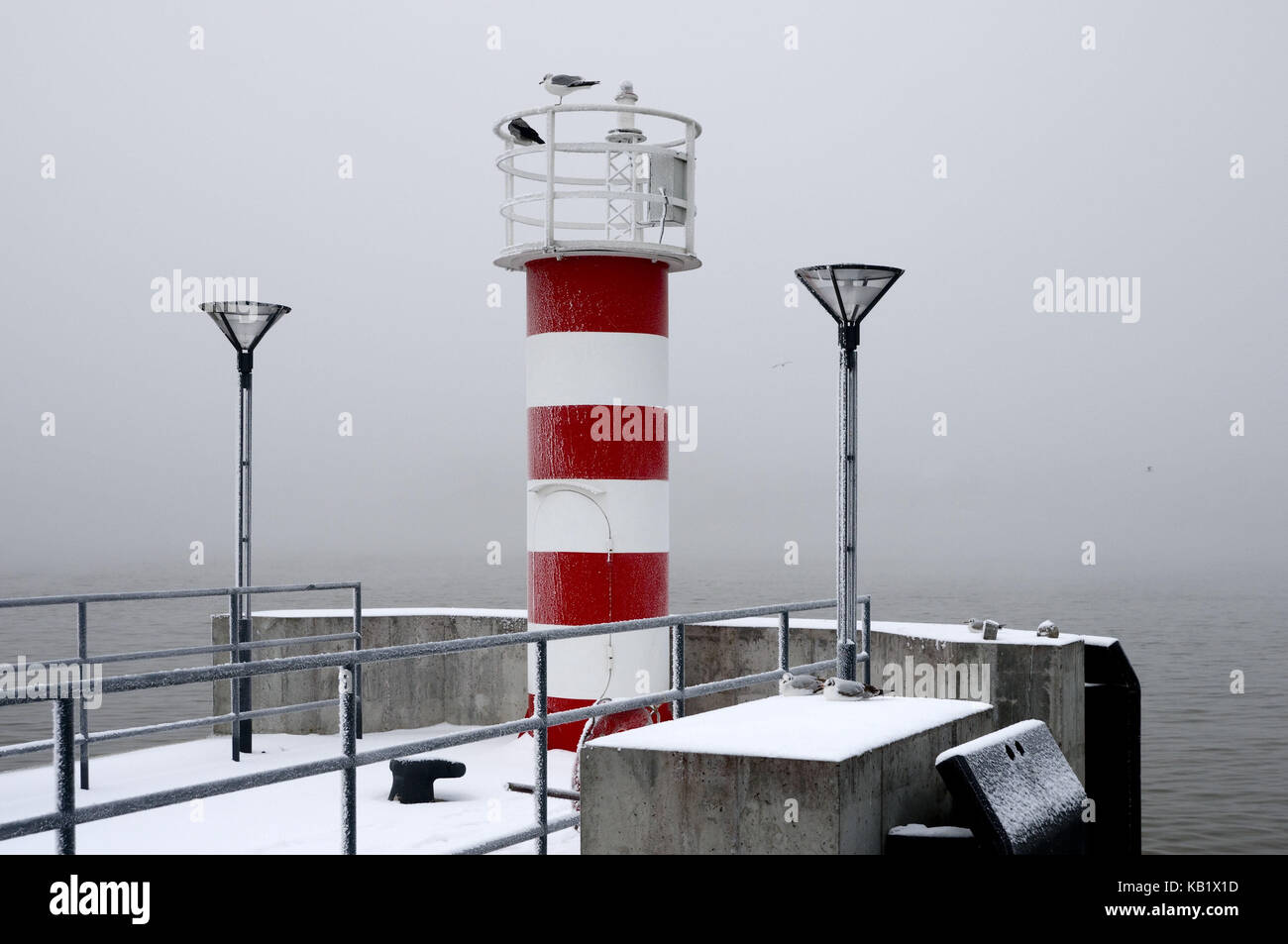 Lithuania, Klaipeda, lighthouse on the coast of the health resort broads bay bar, fog, Stock Photo