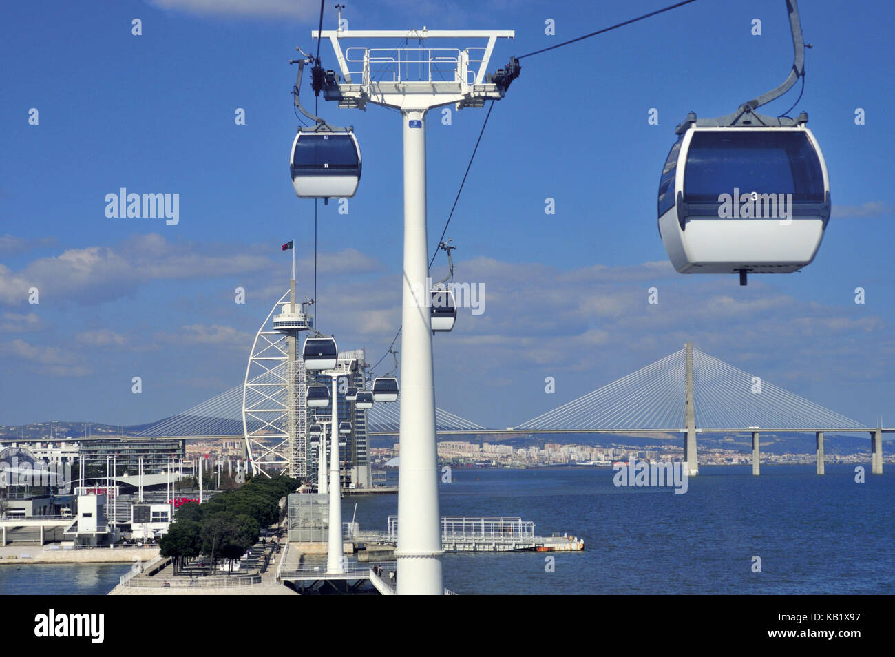 Portugal, Lisbon, cable car and Vasco da Gama bridge in the former ex
