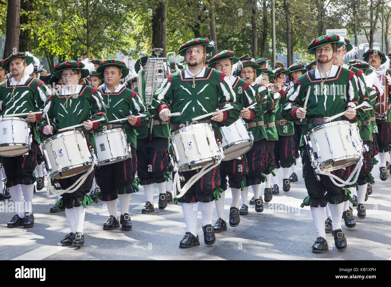 Germany, Bavaria, Munich, Oktoberfest, traditional parade, band, drummer, Stock Photo