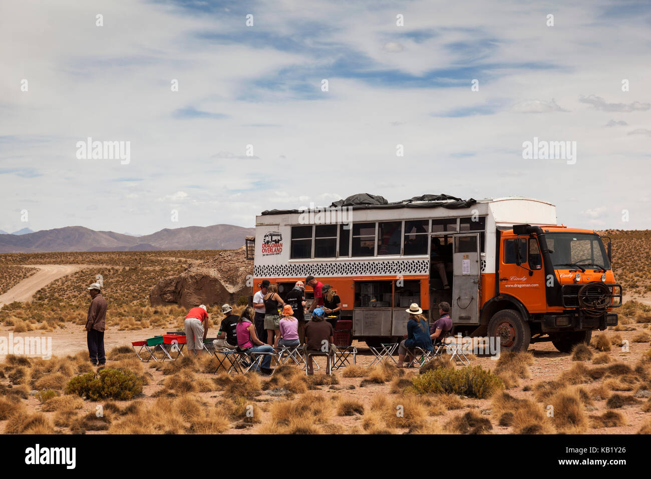 Dragoman Overland Truck with Travellers, Bolivia, South America Stock