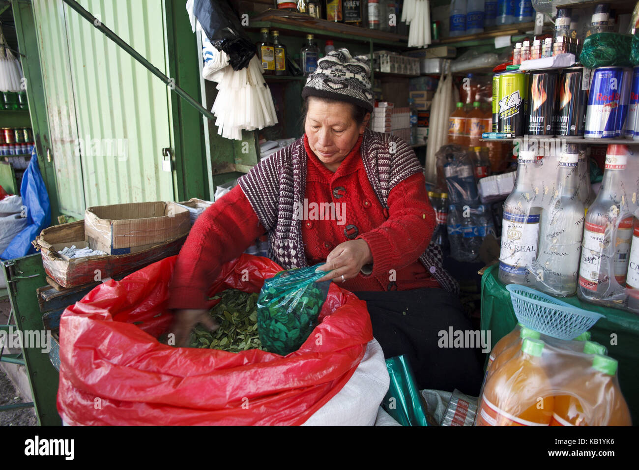 Bolivia, Potosi, Mercado de Mineros, Kokablätter, woman, selling, Stock Photo