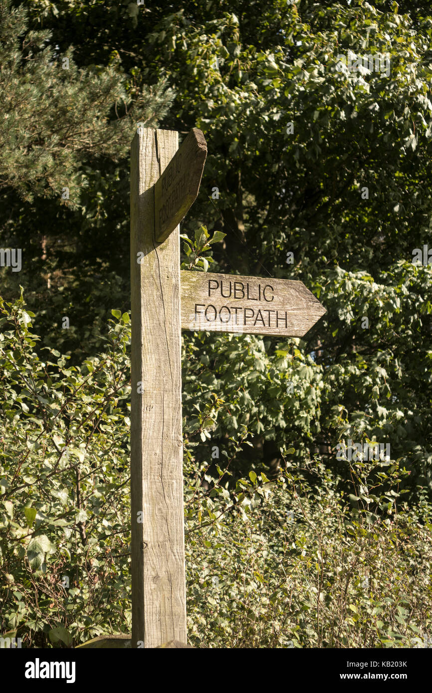 A Wooden Public Footpath Sign with a leafy background. Stock Photo