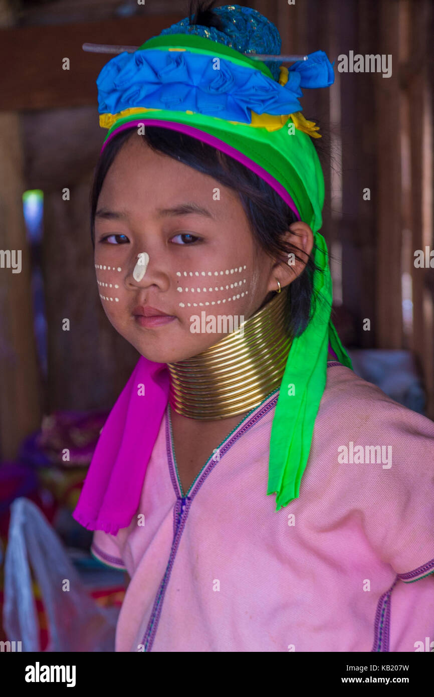 Portrait of Kayan tribe girl in Kayan state Myanmar Stock Photo