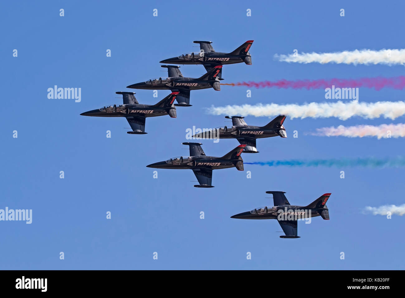 Airplane Patriots Jet Team performs at Miramar Air Show Stock Photo