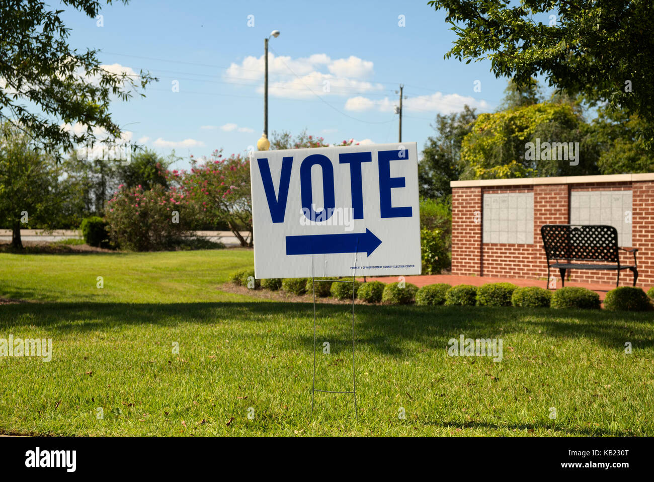 Vote sign on election day at an Alabama polling precinct.  Pike Road, Alabama, USA. Stock Photo
