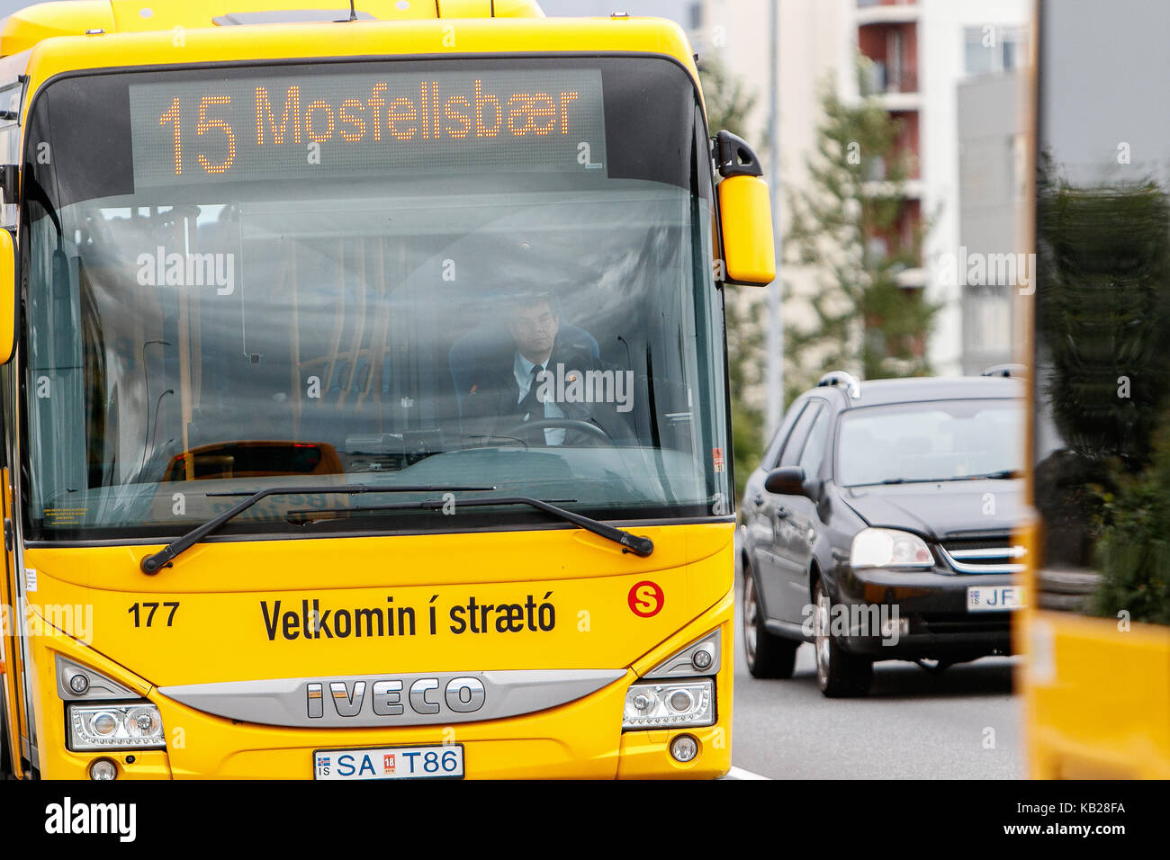 City bus en route in Reykjavik. Stock Photo