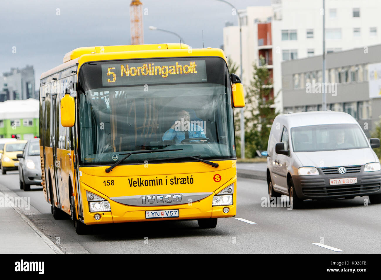 City bus en route in Reykjavik. Stock Photo