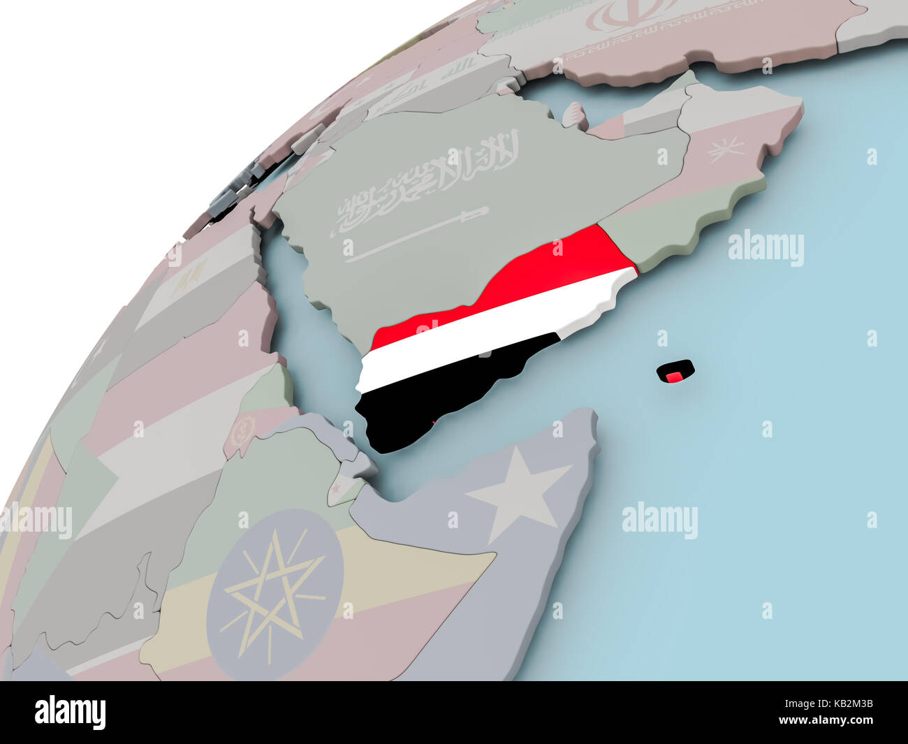 Yemen on political globe with embedded flags. 3D illustration Stock ...