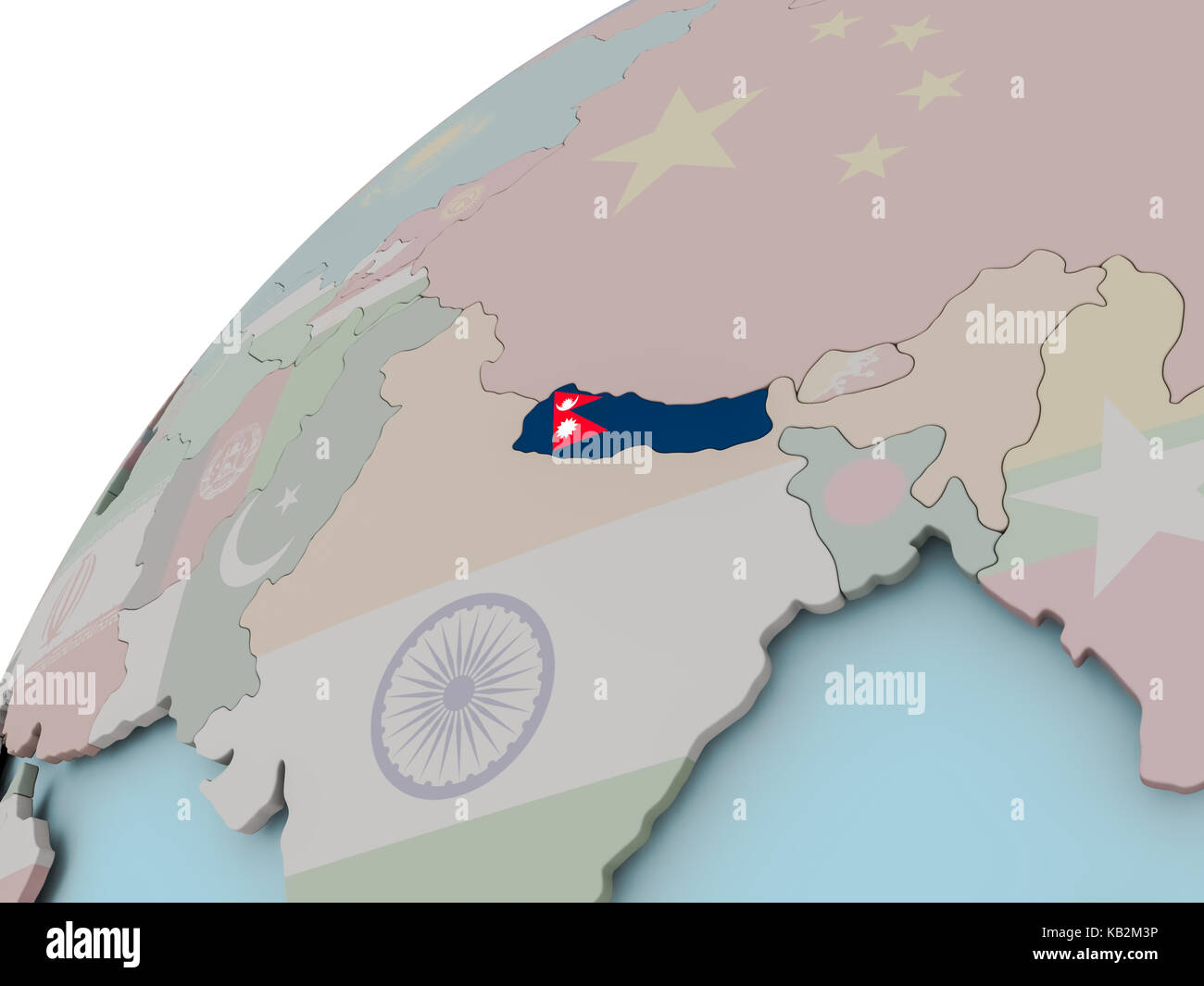 Nepal on political globe with embedded flags. 3D illustration Stock ...
