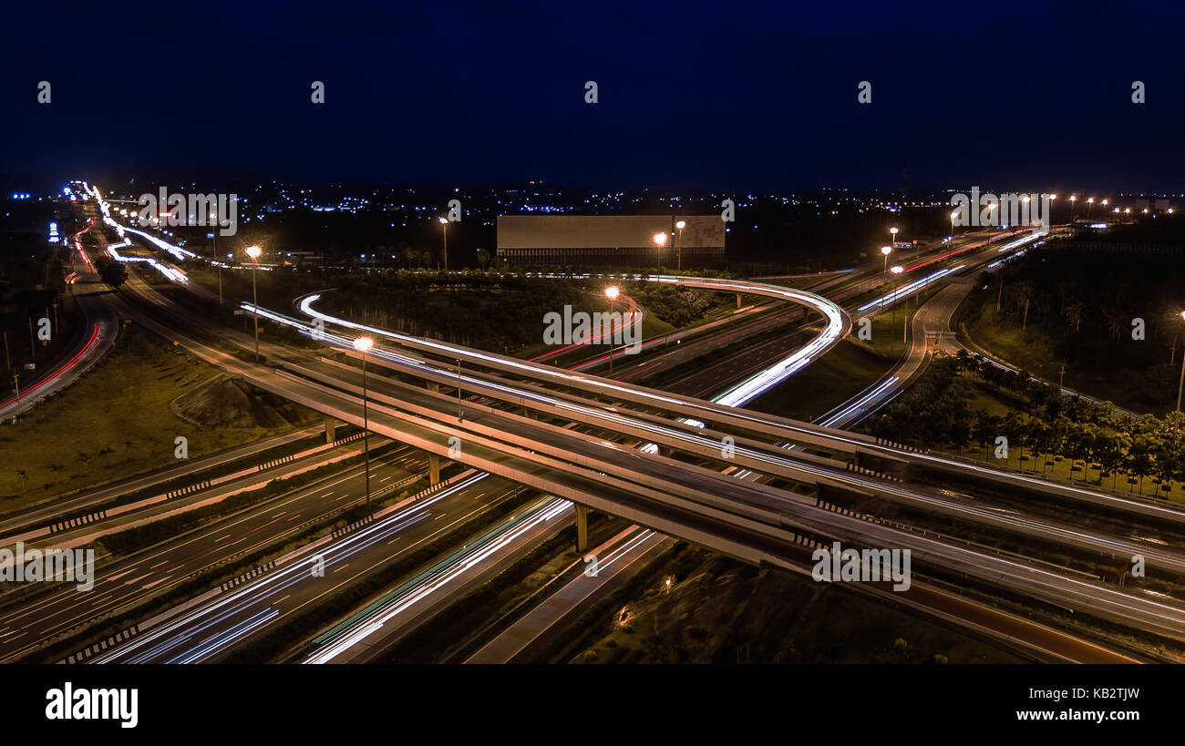 over Road city highway at night - Bird eye viwe - drone -Top view Stock ...