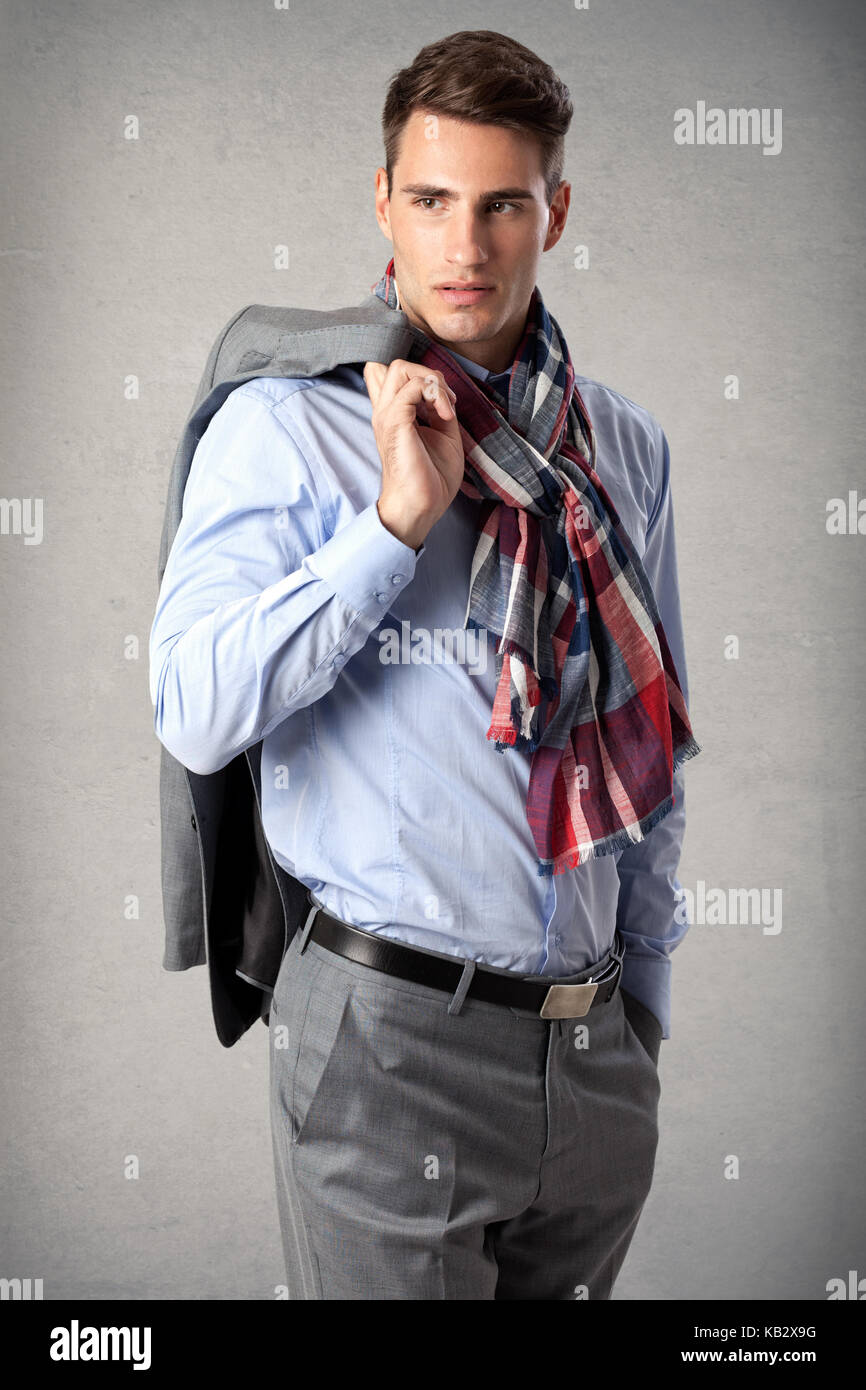 portrait of young handsome man wearing elegant casual outfit Stock Photo