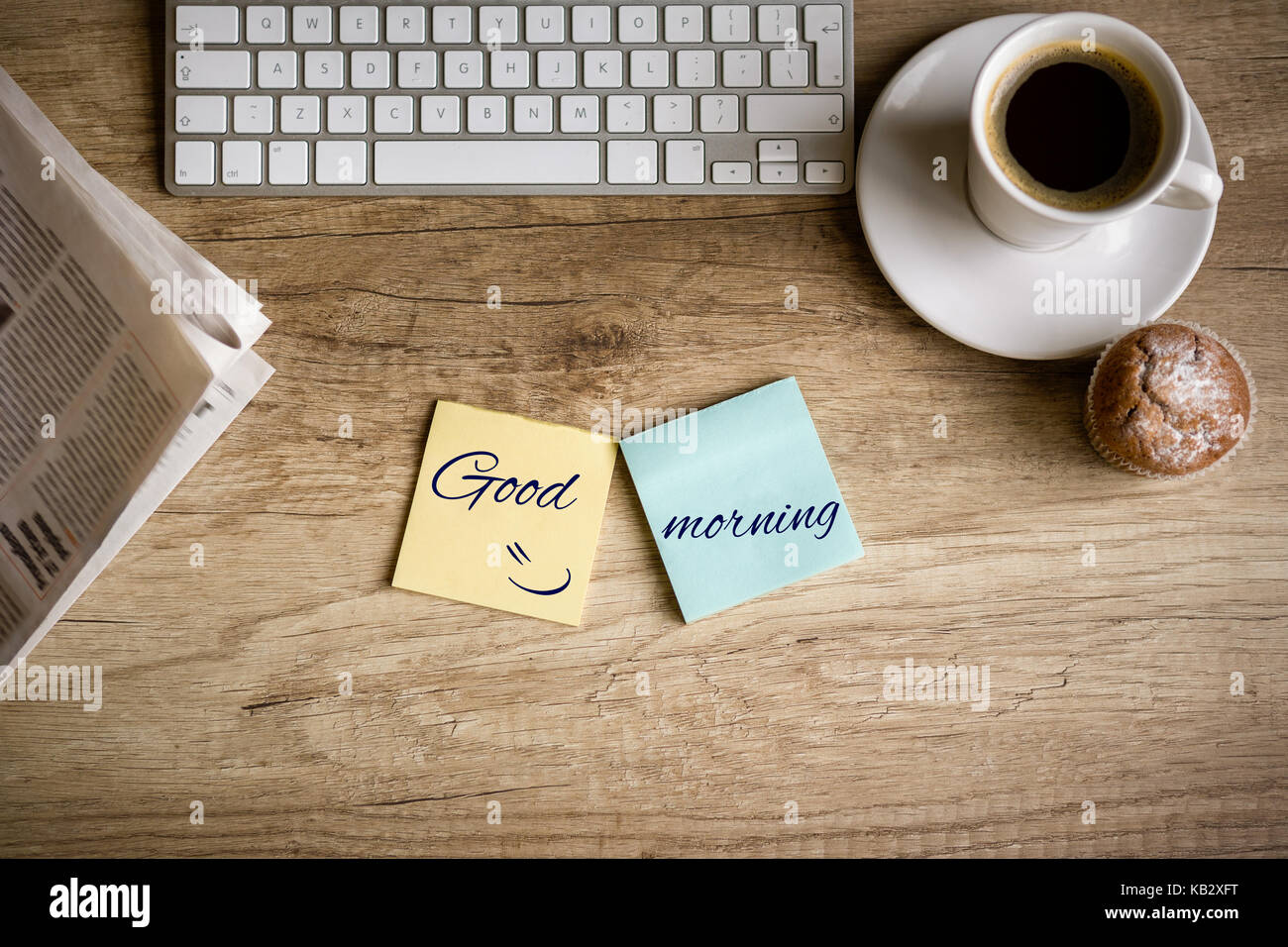 Top view of work desk in morning, concept good morning Stock Photo