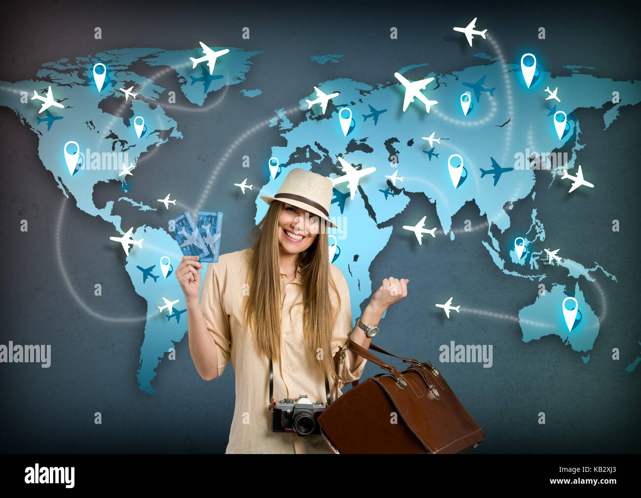 happy tourist with ticket for travel around the world Stock Photo