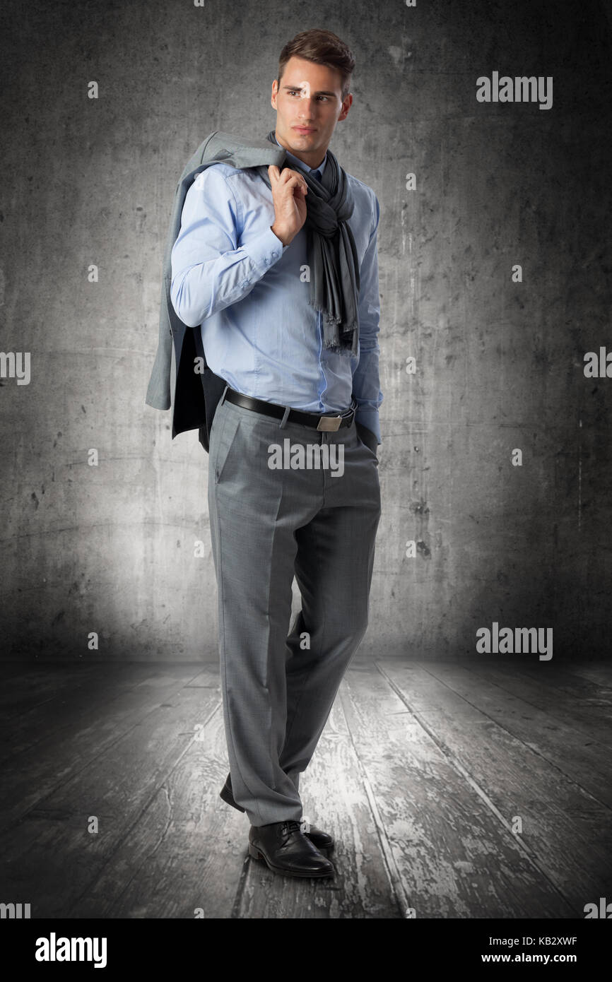 young handsome man in suit, full length Stock Photo