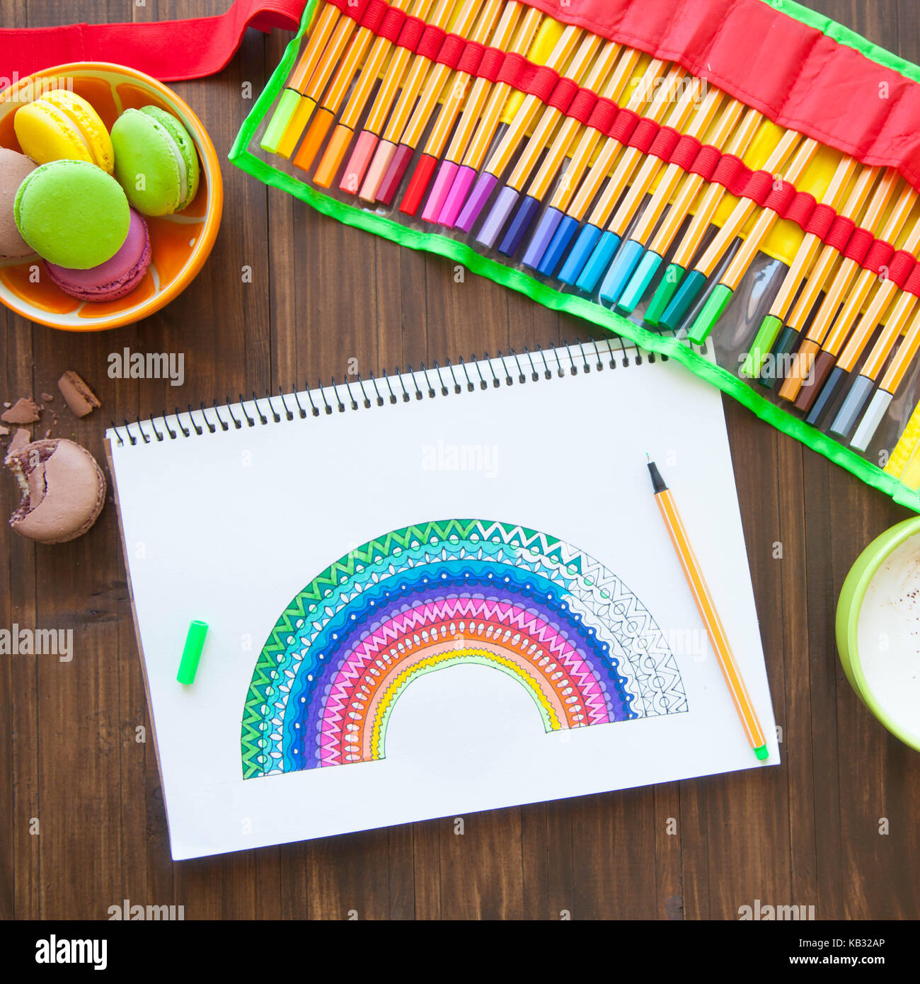 Girl draws a rainbow. Positive drawing. Art therapy and relaxation ...