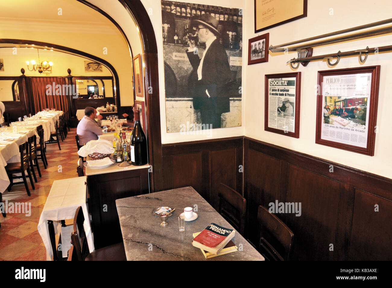 Portugal, Lisbon, table of the Portuguese national poet Fernando Pessoa in the restaurant Martinho da Arcada, Stock Photo