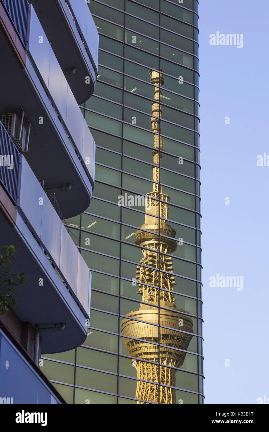 Japan, Honshu, Tokyo, Asakusa, high-rise office block, facade, mirroring, Skytree Tower, Stock Photo