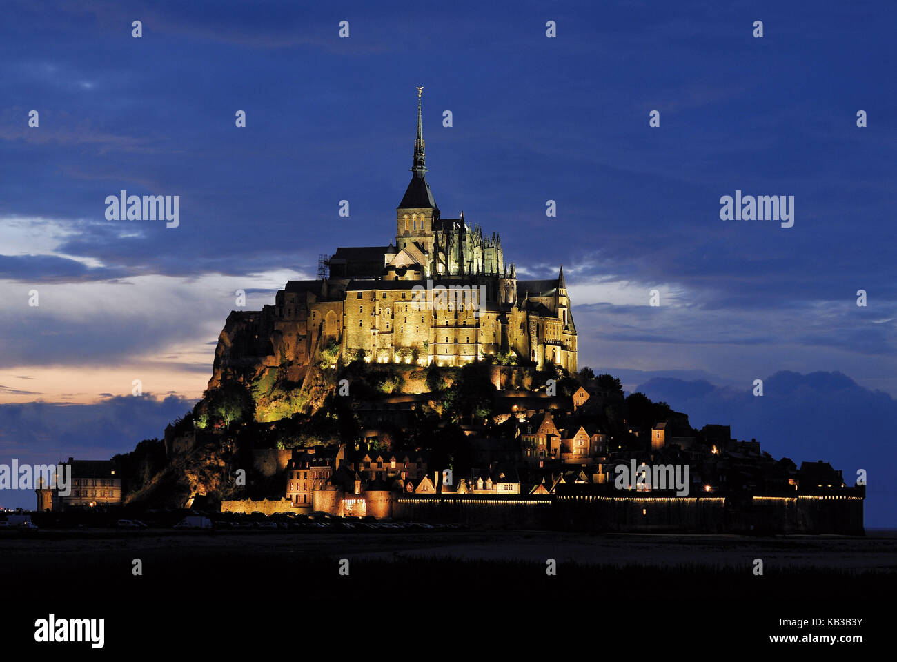 France, Normandy, place of pilgrimage Le Mont St. Michel by night, Stock Photo
