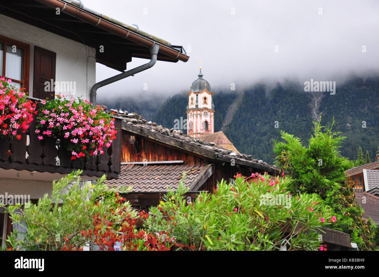 Germany, Bavaria, Isar valley, Mittenwald, village view, church Stock ...