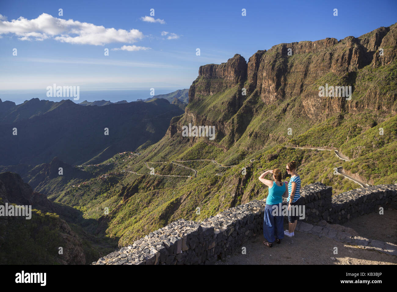 Spain, Canary islands, Tenerife, Masca gulch, lookout, tourists, valley view, Stock Photo