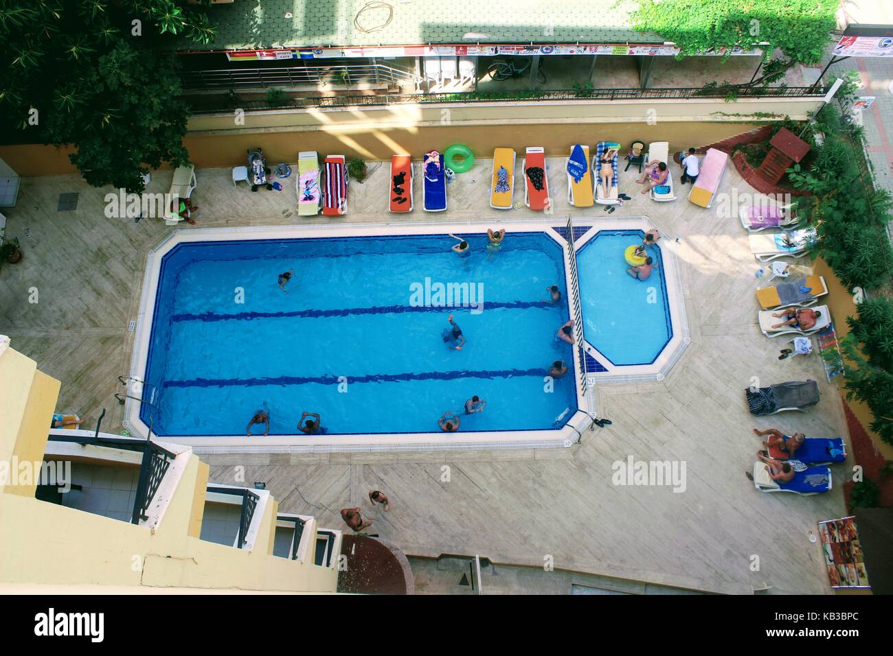 View of the pool from the height of the last floor in the Kleopatra Beach Hotel (Alanya, Turkey). Stock Photo