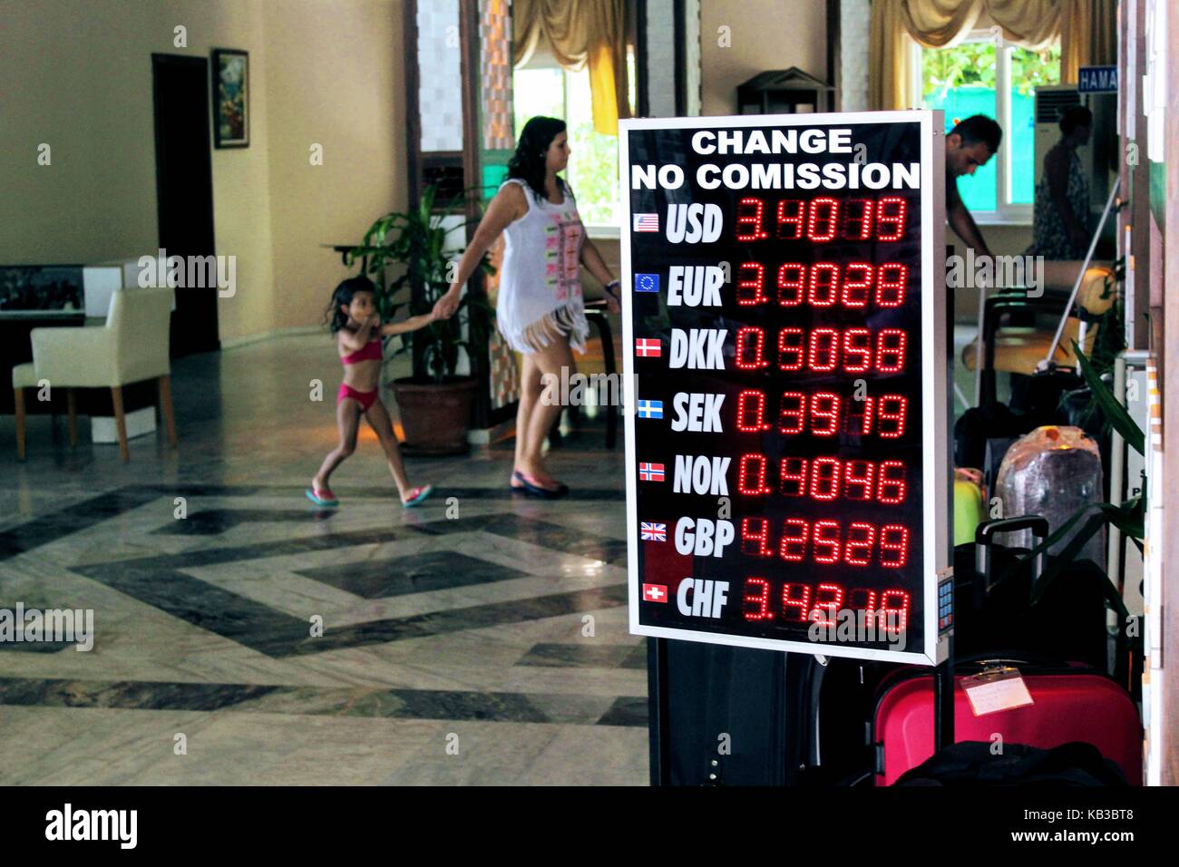 Currency exchange in Kleopatra Beach Hotel (Alanya, Turkey). Stock Photo