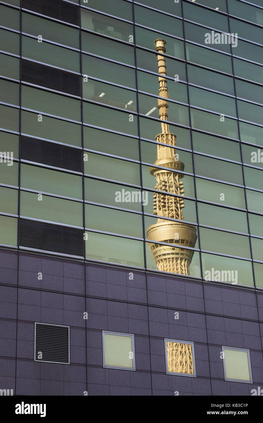 Japan, Honshu, Tokyo, Asakusa, high-rise office block, facade, mirroring, Skytree Tower, Stock Photo