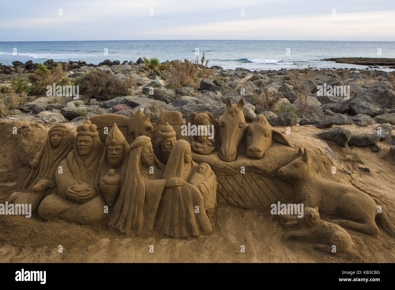 Spain, Canary islands, Gran Canaria, Maspalomas beach, Sand sculpture, creche, Stock Photo