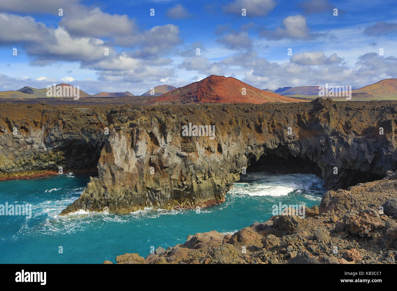 Spain, Canary islands, Lanzarote, Timanfaya national park, Los Hervideros, rock coast, brusquely, sea, surf, Stock Photo