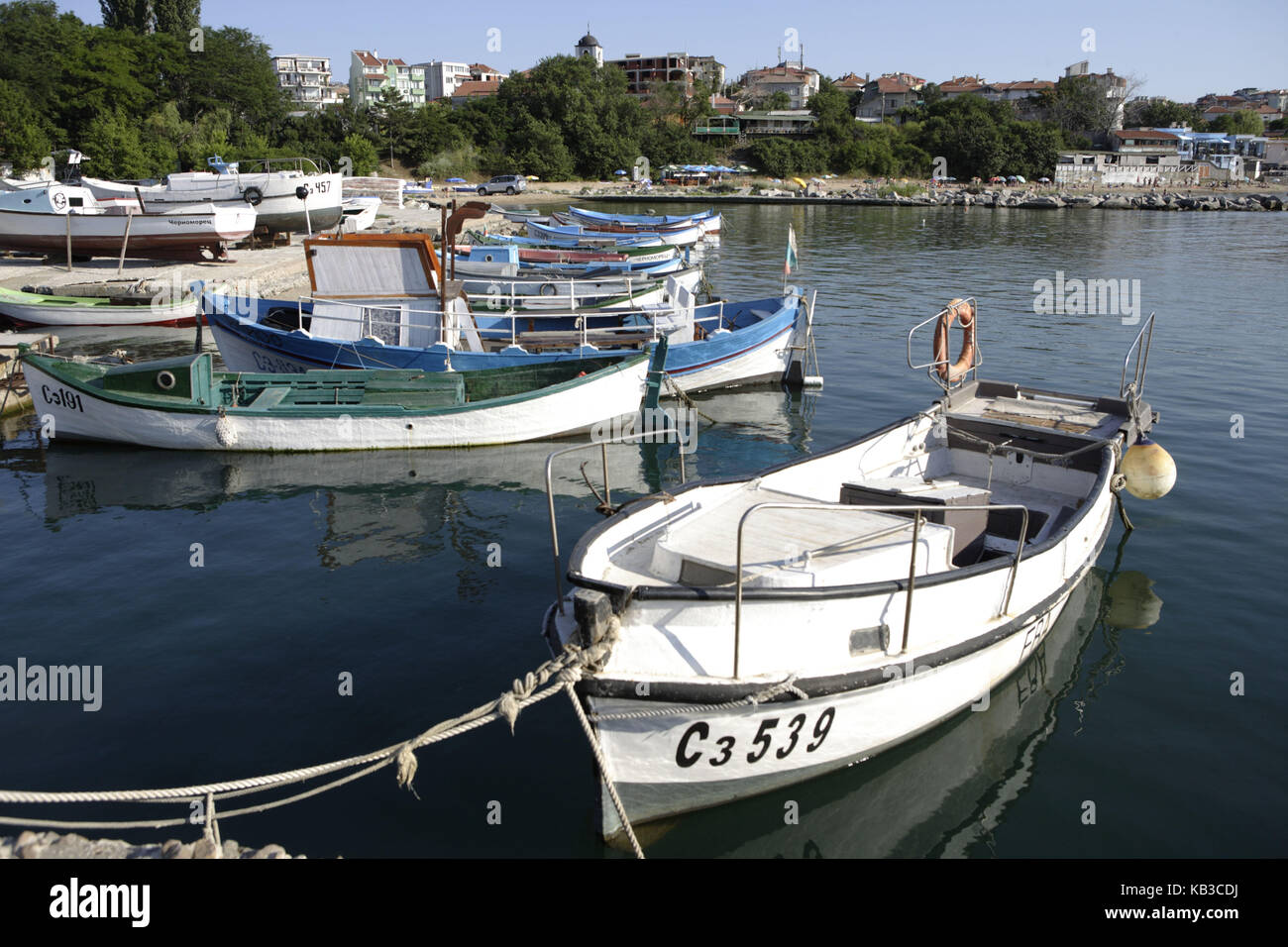 Boots in the fishing harbour of Tschernomorez, Bulgaria, Europe, Stock Photo