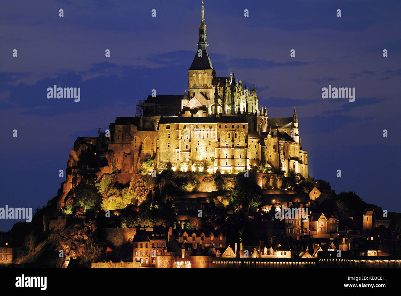 France, Normandy, monastery island Le Mont St. Michel by night, Stock Photo