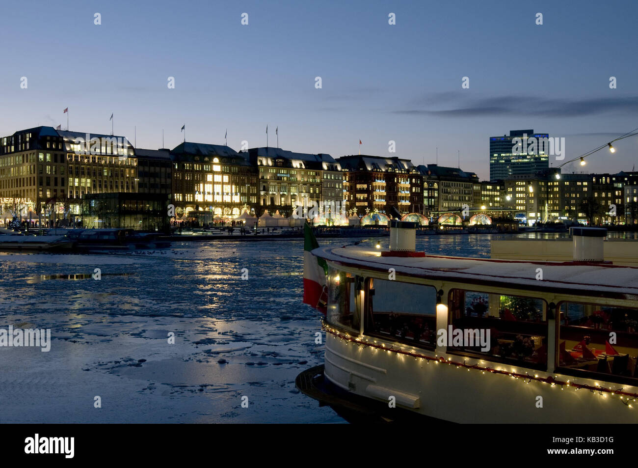 Germany, Hamburg, the Inner Alster by italieneischem restaurant ship Galathea, Christmas decoration, in the evening, town, water, waters, tourism, ship, restaurant, journeyling, city trip, Christmas, light jewellery, holidays, winters, Jungfernstieg, the Inner Alster, restaurant ship, Galathea, food, festival, gastronomy, townscape, evening, dusk, yule tide, Stock Photo