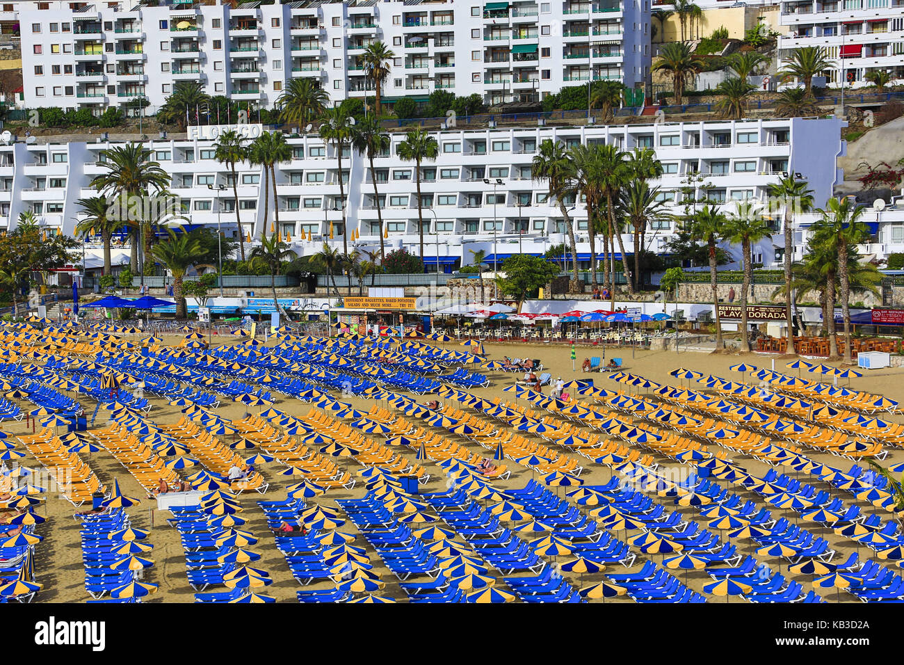 Spain, Canary islands, Gran Canaria, Puerto Rico, beach, deck chairs, mass tourism, Stock Photo