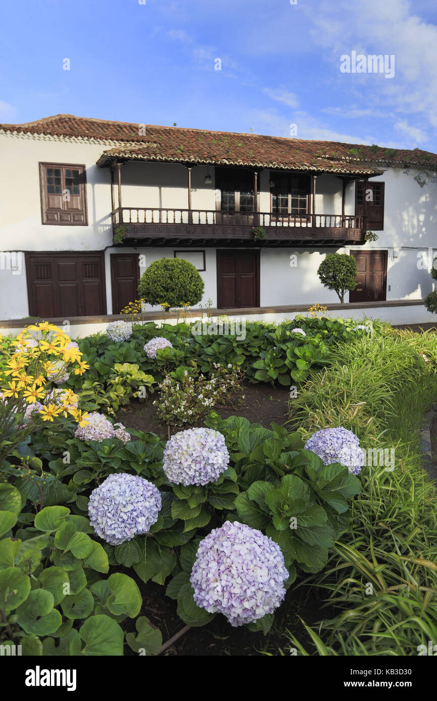 Spain, Canary islands, Tenerife, Icod de Los Vinos, house, traditional architecture, garden, flowers, Stock Photo