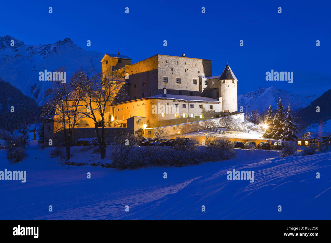 Austria, Tyrol, Nauders, castle Naudersberg, winter evening, Stock Photo