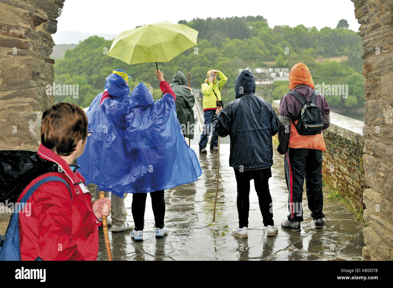 Spain, Galicia, jacobean pilgrim in the rain in Postage-marine, Stock Photo